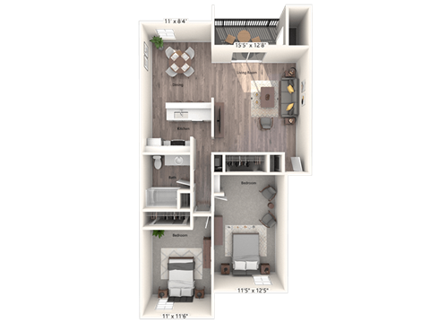 Floor plan for 2 beds, 1 bath, 925 sqft